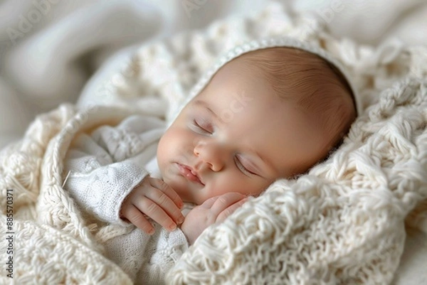 Obraz A serene image of a newborn baby peacefully sleeping, wrapped in a soft white blanket