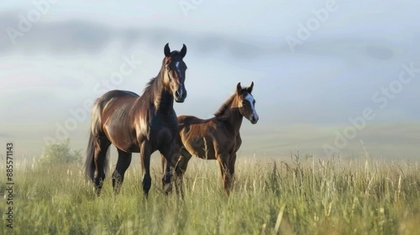 Obraz Prominent horse and young horse standing in grass field with blank area for text