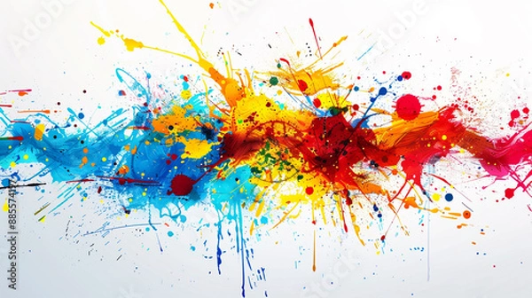Obraz Modern abstract background with splashes of paint and bold, contrasting colors, set against a minimalist white backdrop