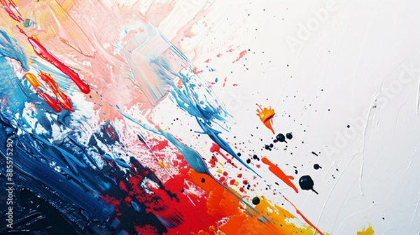 Fototapeta Modern abstract background with splashes of paint and bold, contrasting colors, set against a minimalist white backdrop