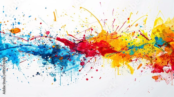 Fototapeta Modern abstract background with splashes of paint and bold, contrasting colors, set against a minimalist white backdrop
