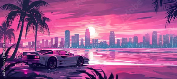 Fototapeta Cinematic Illustration of Miami in the style of an 80s synthwave album cover, featuring palm trees and skyline silhouettes, with a pink sunset over water and a sports car driving along its side, neon 
