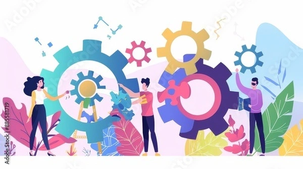 Fototapeta Teamwork and Collaboration: Gears of Success - Illustration depicting teamwork and collaboration, represented by people working together on large gears, symbolizing the interconnectedness and importan
