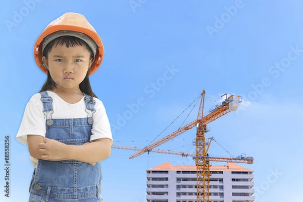 Fototapeta Crane in construction site and kid engineer