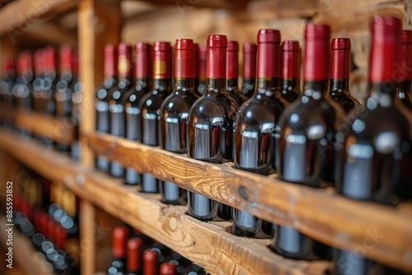 Fototapeta A collection of wine bottles with red caps neatly arranged on wooden shelves, showcasing a well-stocked wine cellar with a rustic ambiance and warm lighting.