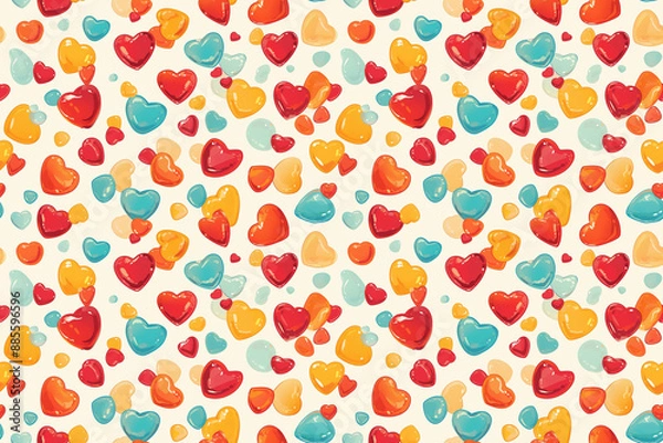 Fototapeta Seamless pattern with colorful heart shapes. The playful design features red, yellow, and blue hearts on a light background, perfect for cheerful and fun decor.