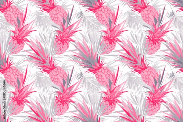 Fototapeta Seamless pattern with pink pineapples and gray leaves. The design is tropical and vibrant, featuring a modern color palette.