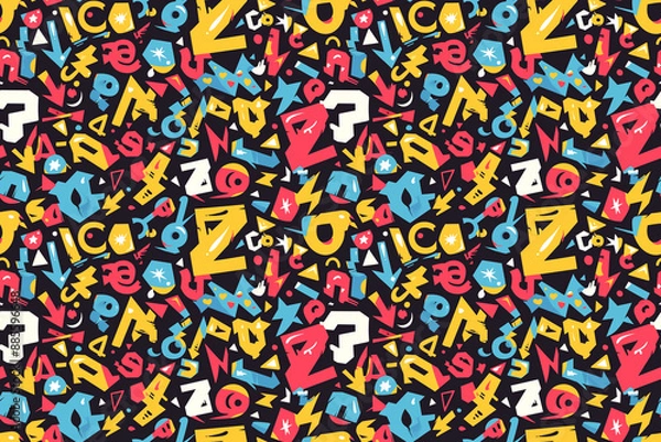 Fototapeta Abstract geometric pattern with colorful shapes on a dark background. The seamless design is playful and modern, featuring various vibrant colors.