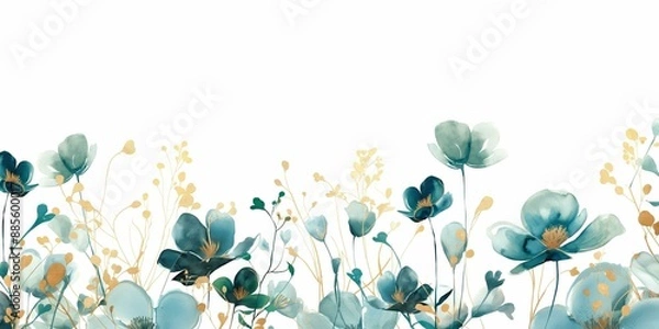 Fototapeta A beautiful watercolor illustration featuring abstract teal and gold flowers on a white background.