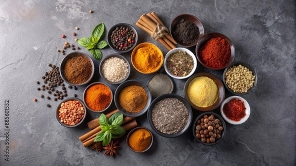 Fototapeta plates with different spices on a black background