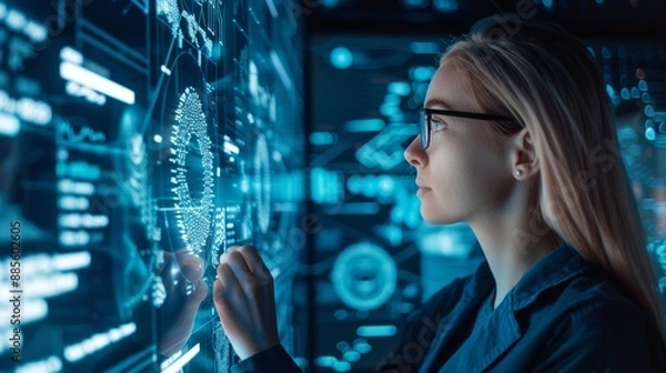 Fototapeta Futuristic Technology: Woman Interacting with Augmented Reality Interface in Motion
