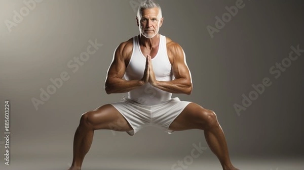 Obraz A man in his 50s, in a pristine white yoga studio, held a perfect white-background warrior pose.