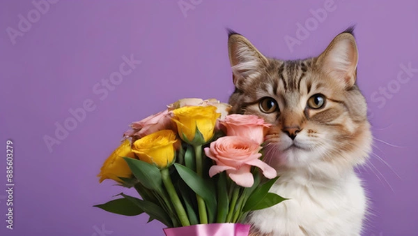 Fototapeta Cute cat with bouquet of flowers on color background, closeup