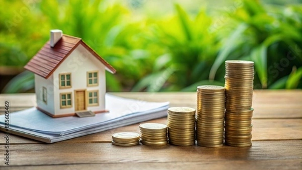 Fototapeta Paper application form, money coin, and miniature house on a table, symbolizing the financial process of securing a home loan, conveying the concept of real estate investment.