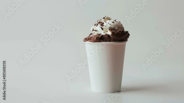 Fototapeta A cup of chocolate ice cream with whipped topping in a white paper cup. AI.