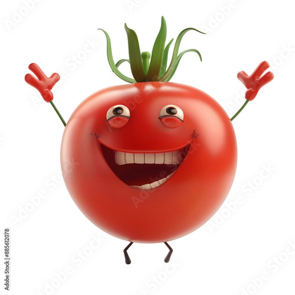 Fototapeta A character, a red cute happy tomato, with eyes and a smile, with legs and arms.