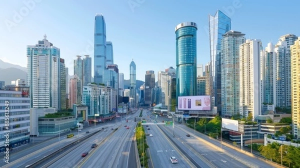 Fototapeta A city skyline with a large glass building in the center