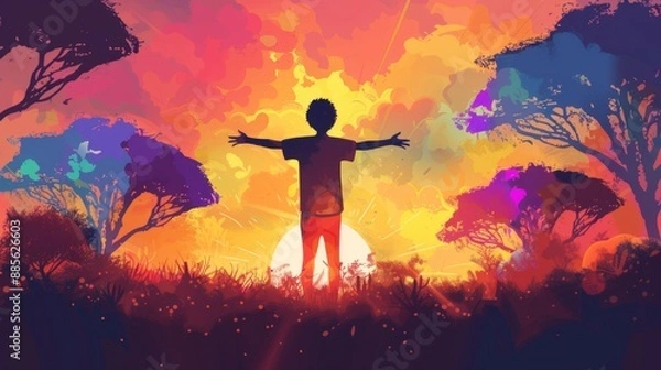 Fototapeta Colorful abstract landscape with figure. Vibrant colors and artistic style. AI-generated image of person with open arms standing under bright sunset. Digital art for inspiration. Dreamy scene. AI