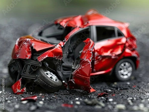 Fototapeta Crumpled red car after accident.