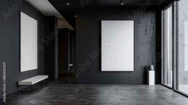Fototapeta Empty Modern Gallery Interior With White Frames and Bench