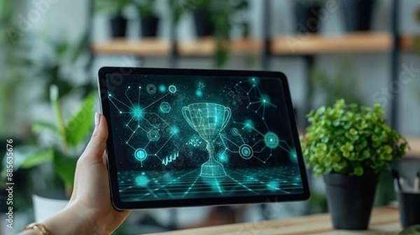 Fototapeta Hands Holding Tablet with Digital Award Interface