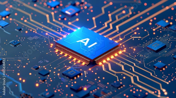 Fototapeta powerful computer processor microchip with the word representing artificial intelligence, AI technology, artificial intelligence, super computer, futuristic technology, network, cyber