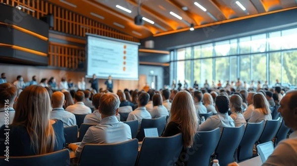 Fototapeta A large conference room filled with attendees listening to a presentation projected on a screen during a professional event.