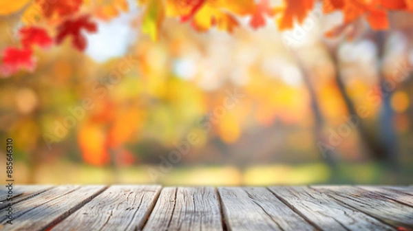 Fototapeta Empty Wooden Tabletop with Natural Autumn Background and Copy Space
