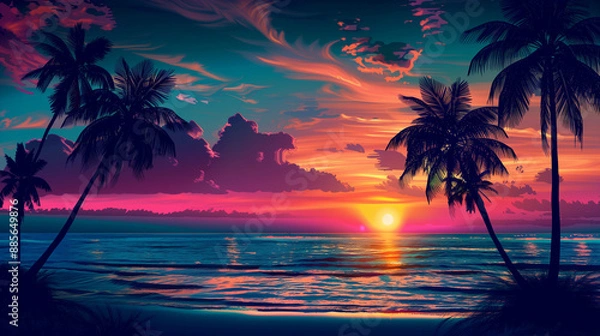 Fototapeta Vibrant sunset at the beach, silhouettes of palm trees against the colorful sky