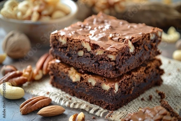 Fototapeta Brownie Nuts. Delicious Chocolate Cake with Almonds and Cocoa