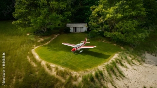 Fototapeta a small, red-striped airplane is parked, adding a touch of adventure to the scene. Nearby, a shed or small building stands, its doors wide open, beckoning exploration