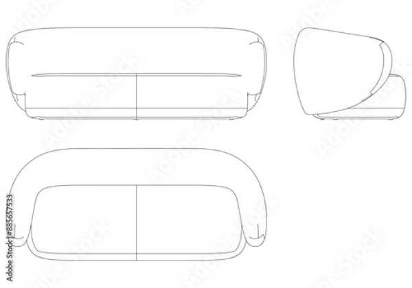 Fototapeta Sofa Line Vector Illustration. Different Views of Modern Sofa, Ideal for Furniture Design and Interior Concepts with Front, Side, and Top Views