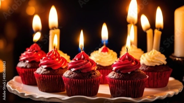 Fototapeta A candle-topped cupcake on a dark surface, arranged symmetrically for visual balance