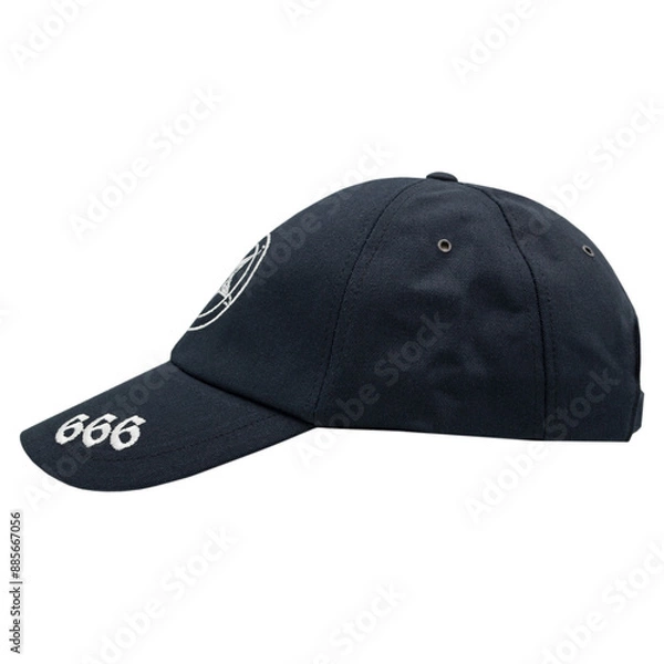 Fototapeta Black baseball cap with embroidered pentagram and 666. Occult, Satan, Devil, Baphomet. Mythology, occult tradition. Accessory for metalheads, punks, rockers, bikers, satanists, emo, street aggressive