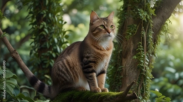 Fototapeta International Cat Day "A cat with a majestic pose on a tree branch, surrounded by lush greenery"

