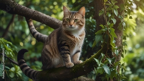 Fototapeta International Cat Day "A cat with a majestic pose on a tree branch, surrounded by lush greenery"

