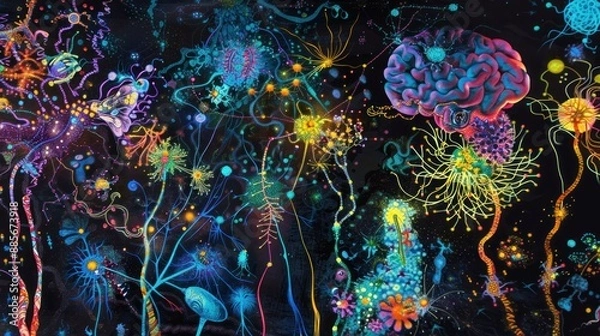 Fototapeta Psychedelic Abstract Art with Brain and Flowers