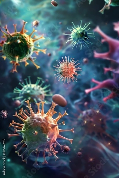 Fototapeta This vibrant image features variously colored microscopic viruses in fluidic motion, showcasing their intricate details.
