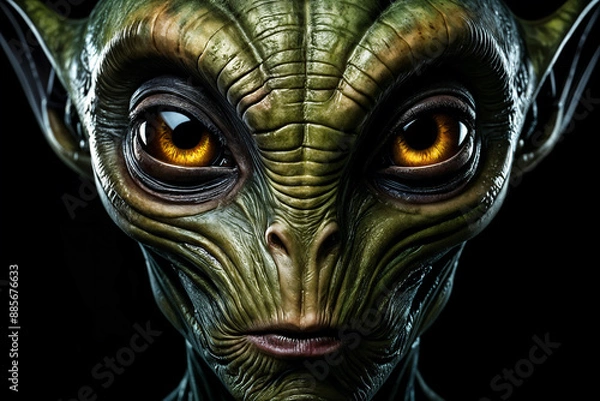 Fototapeta Close-up of an alien's face, with large, expressive eyes and a detailed texture on the skin.