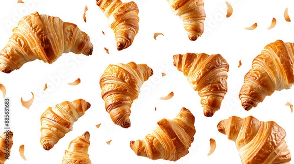 Obraz Croissants that fresh and delicious falling in the air isolated on withe background, Breakfast time, popular plain croissant breads, png file