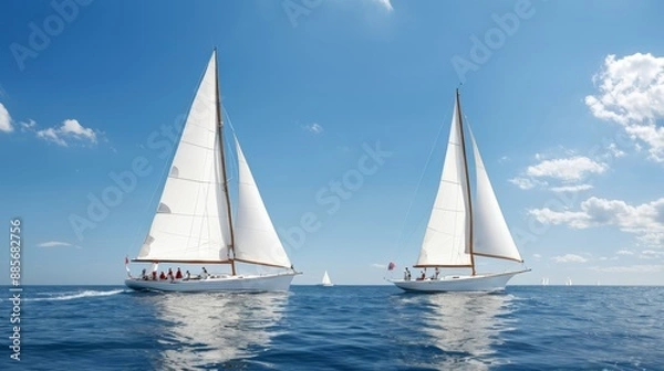 Fototapeta Two Sailboats Sailing in the Ocean on a Sunny Day