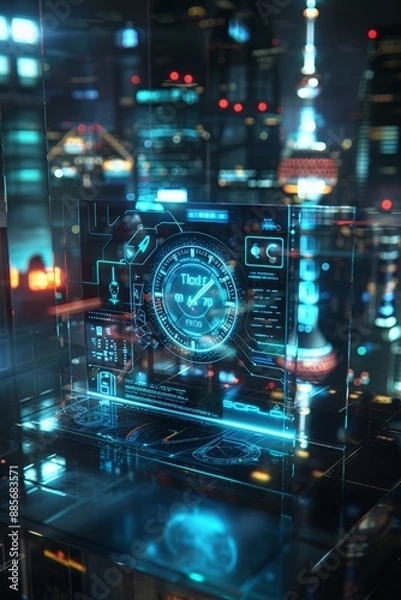 Fototapeta Futuristic Smart Alarm Clock with Holographic Display in High-Tech Urban Apartment