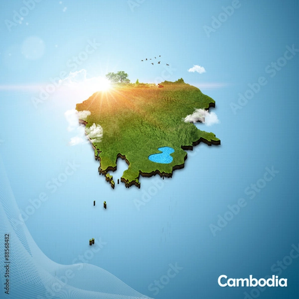 Fototapeta Realistic 3D Map of Cambodia