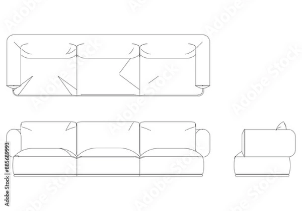 Fototapeta Sofa Line Vector Illustration. Different Views of Modern Sofa, Ideal for Furniture Design and Interior Concepts with Front, Side, and Top Views