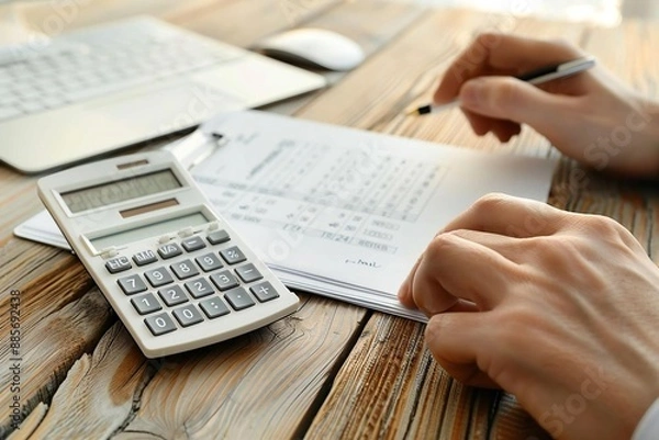Fototapeta close-up photo of an accountant or financial advisor diligently calculating tax using a calculator and referring to a business invoice on a wooden desk.
