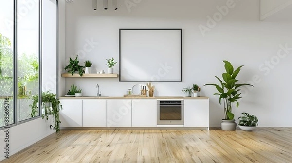 Fototapeta Minimalist Kitchen with Bright Accents and Frame Mockup in 3D Rendering