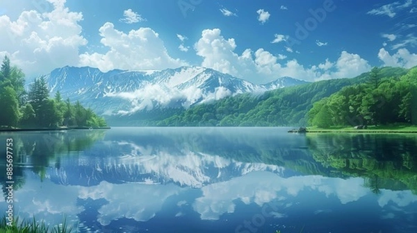 Fototapeta A beautiful lake with mountains in the background