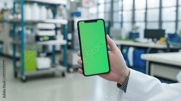 Fototapeta Hand holding a smartphone with a green screen in a laboratory setting. Concept of digital healthcare, mobile technology, and scientific research