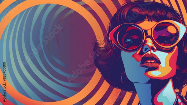 Fototapeta Against the background of a pop art pattern you can see a woman with a fashionable, retro-futuristic look. Wearing sunglasses, he takes us back in time to the club culture of the 1960s and 1970s