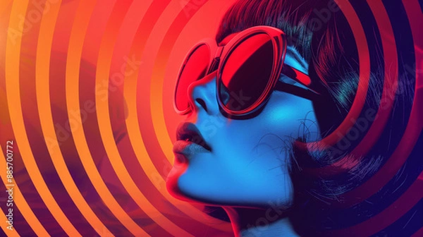 Fototapeta Against the background of a pop art pattern you can see a woman with a fashionable, retro-futuristic look. Wearing sunglasses, he takes us back in time to the club culture of the 1960s and 1970s